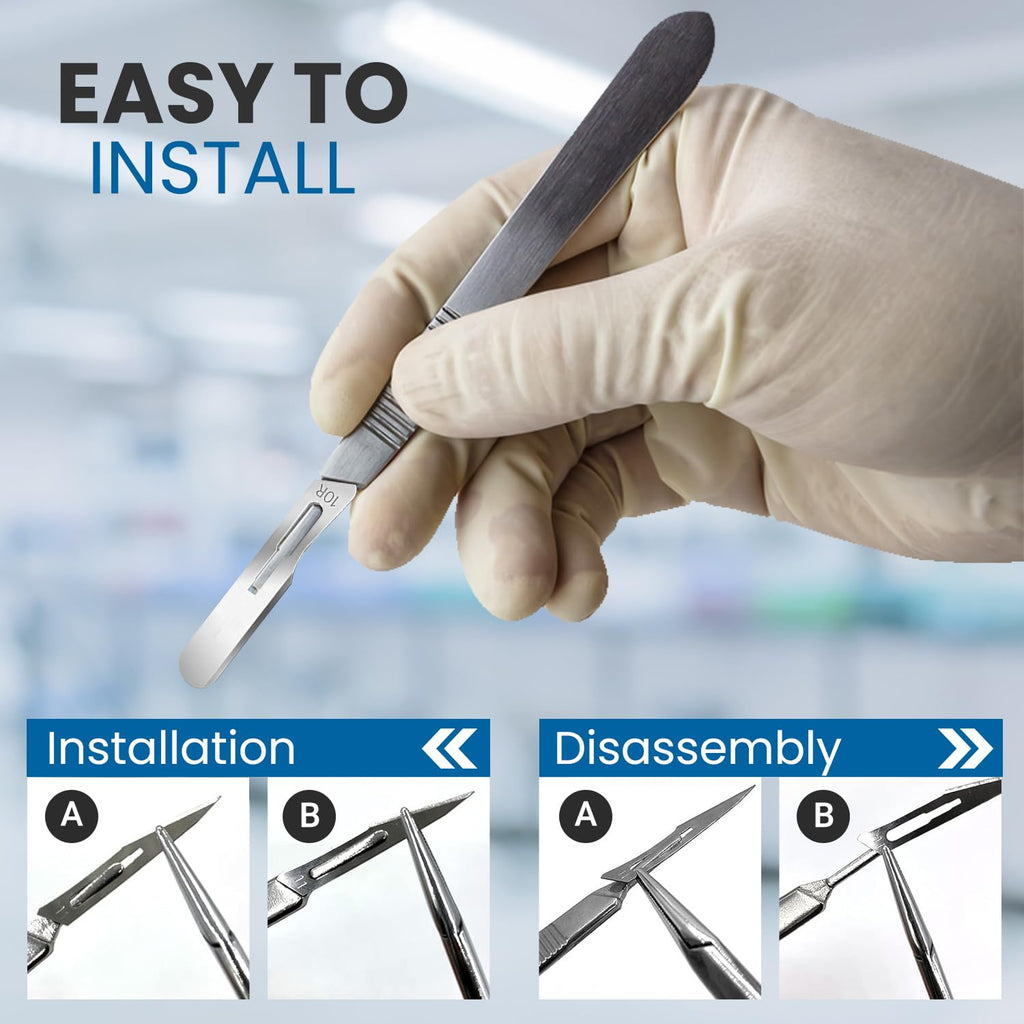 10R Dermaplaning Professional Kit Includes:10R Dermaplaning Scalpel Blades (100 Pack), Scalpel Handle No. 3, Scalpel Blade Remover, Hemostat Forceps