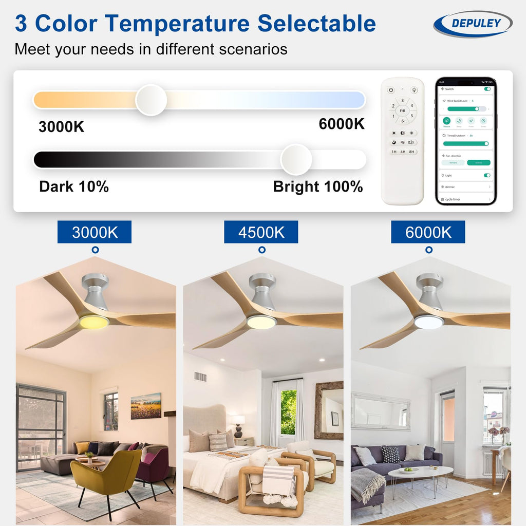 Depuley Ceiling Fans with Lights for Bedroom: 42 In Smart Low Profile Ceiling Fan with Voice Alex APP Remote Control - Wood Fandelier Flush Mount Fan 3 Blades Dimmable 3CCT Ultra Quiet