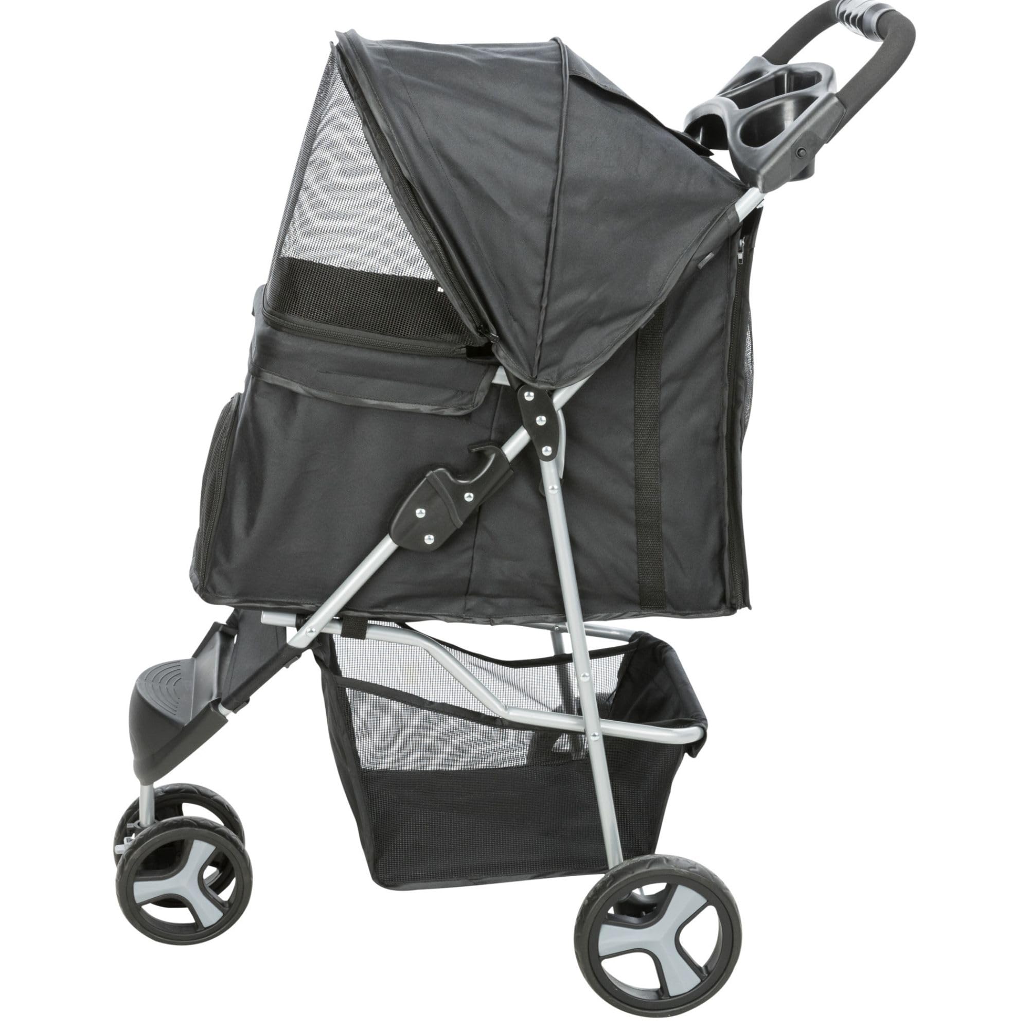 TRIXIE Foldable Pet Stroller for Cats and Dogs, Pet Carrier Strolling Cart with Weather Cover, Storage Basket, Cup Holder, Black