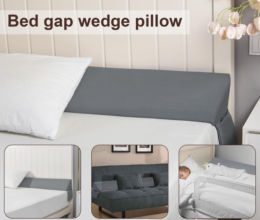 Vekkia Queen Bed Wedge Pillow/Headboard Pillow for Headboard Gap,Bed Gap Filler to Close Gap (0-3.5"),with Handy Pockets and Washable Cover- Grey