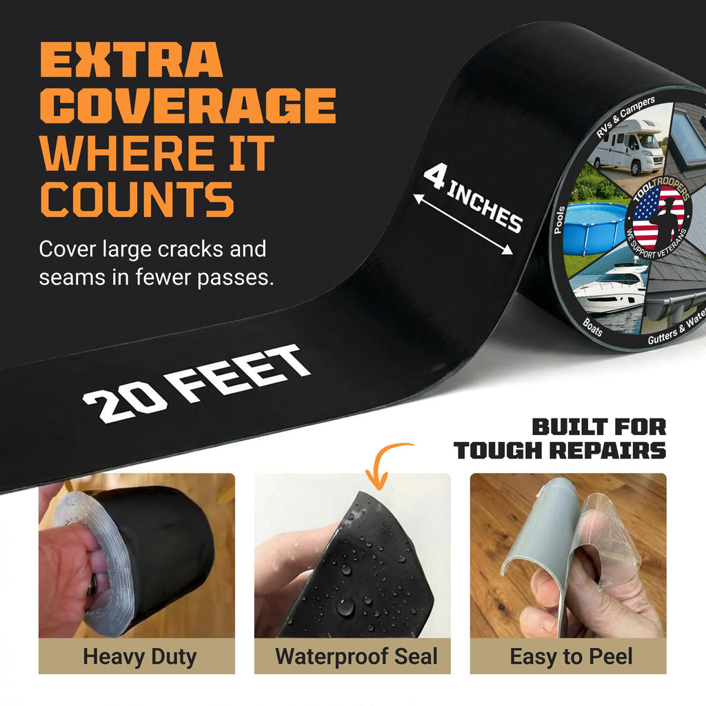 TITANPATCH PRO Waterproof Sealant Tape – Black 4" x20' – Stops Leaks Fast & Stays Sealed for 15+ Years – Sticks to RVs, Roofs, Pools, Boats, Gutters – Built for Harsh Weather (-40°F to 190°F)