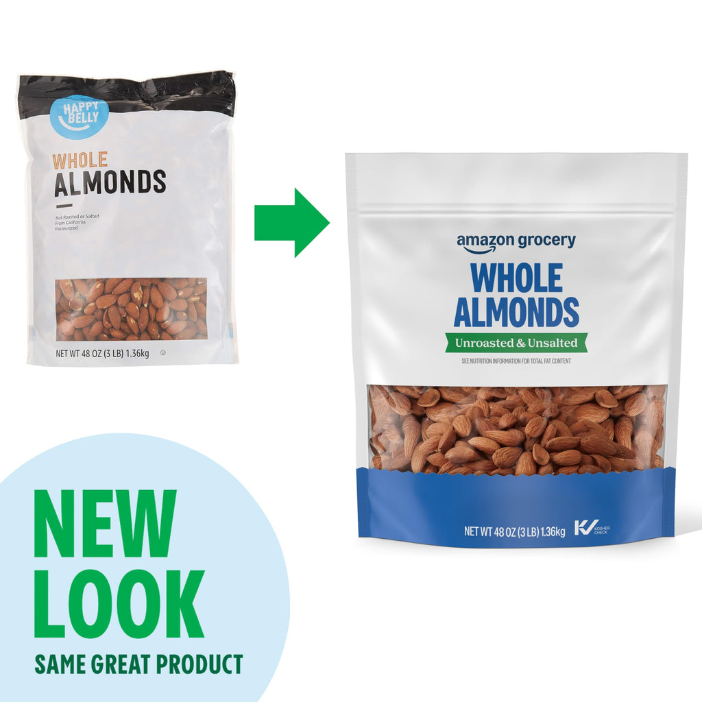 Amazon Grocery, Whole Almonds, Unroasted & Unsalted, 48 Oz (Previously Happy Belly, Packaging May Vary)