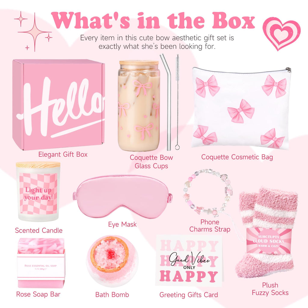 Gift Baskets for Women, 9pcs Birthday Gifts for Teenage Girls, Best Christmas Ideas Box w/Coquette Bow Aesthetic Cup Trendy Stuff for Her Teen Girl Sister Friend Friendship Sweet 16th 18th 21st Bday