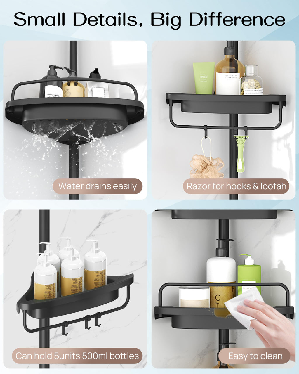 ALLZONE Corner Shower Caddy Tension Pole, Extendable Rustproof Stainless Steel Pole & 4-Tier Adjustable Shelves for Easy Drainage and Built-to-Last Stability, 34 to 116 Inch, Black