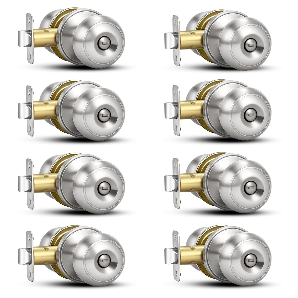 Plustool 8 Pack Brushed Nickel Door Knobs,Privacy Door Knob with Lock, Interior Doorknobs Silver, Keyless Door Locks Set for Bedrooms Bathrooms, Reversible for Left/Right Door Handle