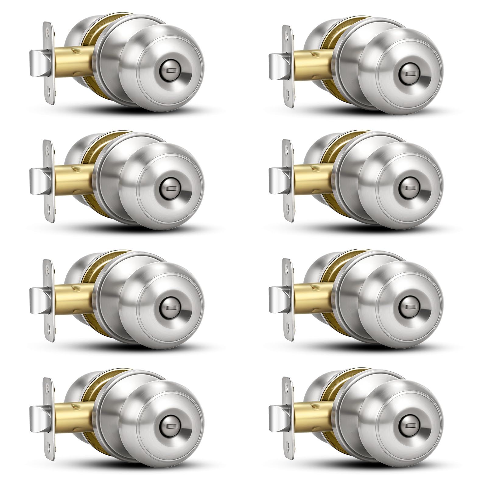 Plustool 8 Pack Brushed Nickel Door Knobs,Privacy Door Knob with Lock, Interior Doorknobs Silver, Keyless Door Locks Set for Bedrooms Bathrooms, Reversible for Left/Right Door Handle