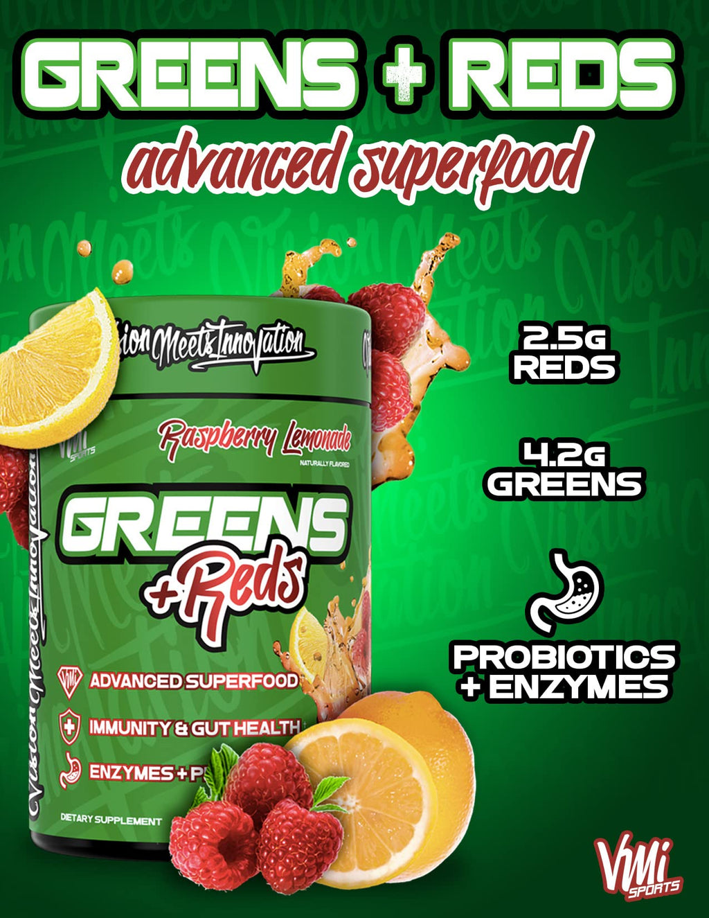 VMI Sports Greens + Reds Advanced Superfood Immunity and Gut Health | Enzymes & Probiotics | 30 Servings (Raspberry Lemonade)