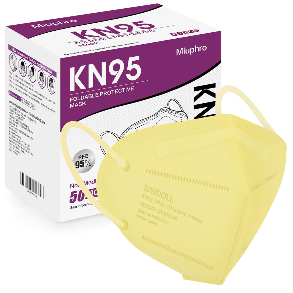 Miuphro KN95 Face Mask 50 Pack, Disposable Respirator Masks, 5 Layer Design Safety Mask for Protection, Ideal for Men and Women (Yellow)