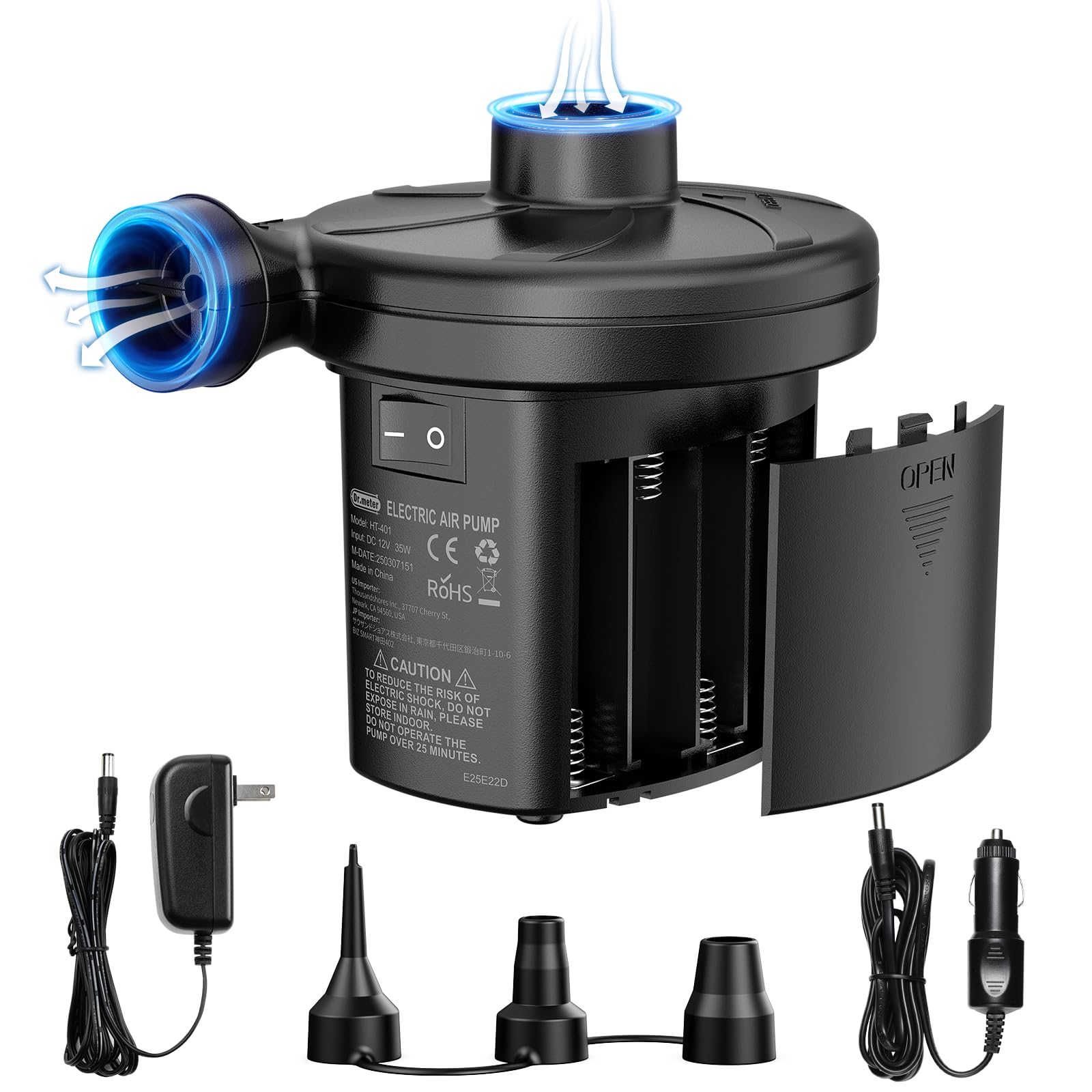 Dr.meter Air Mattress Pump, 3 Ways Powered Portable Electric Air Pump with 3-Nozzle AC 110V, DC 12V, Battery Operated Quick-Fill Inflator Deflator for Inflatable Pool Float Air Bed Boat Swimming Ring