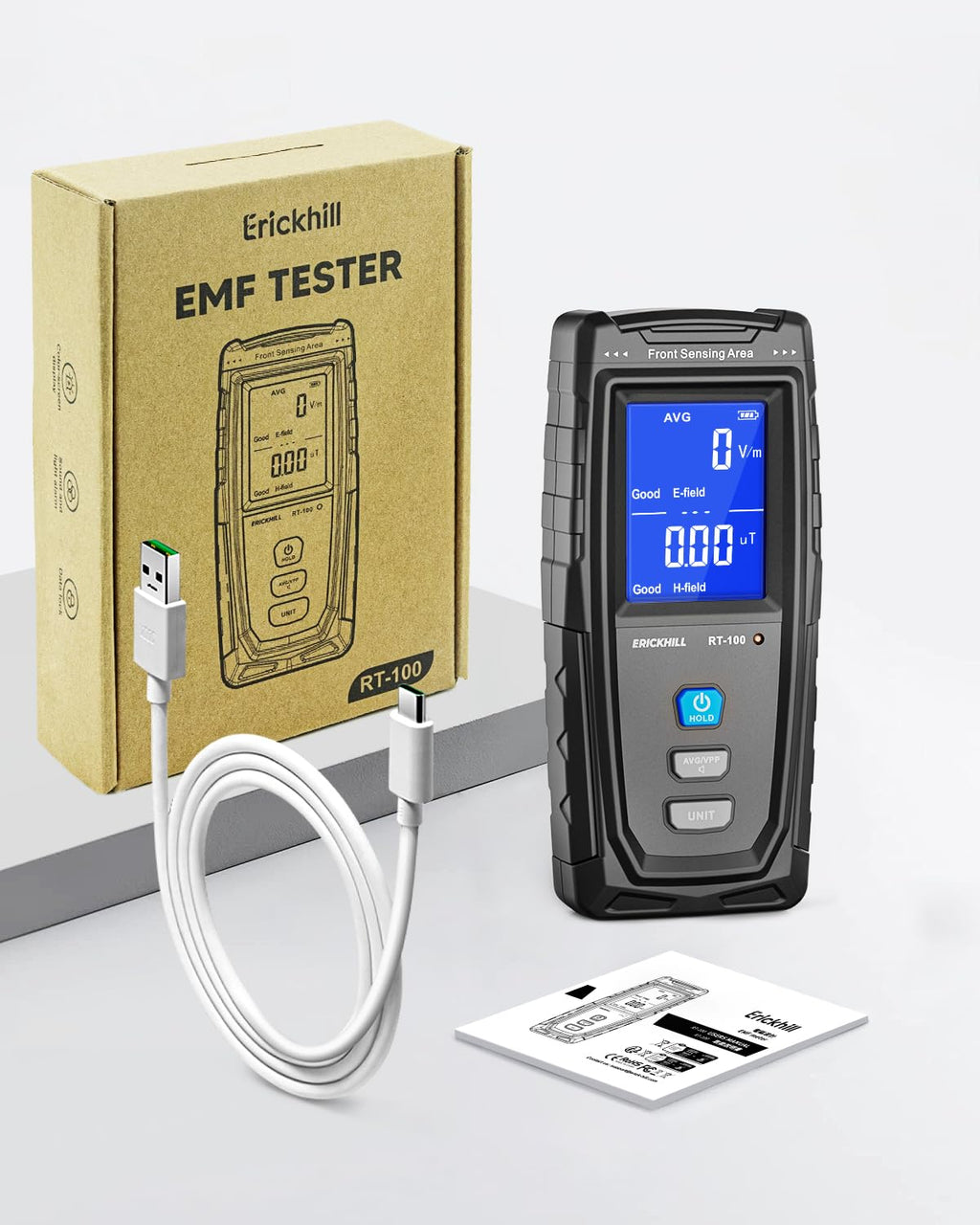 ERICKHILL EMF Meter, Detects Electric and Magnetic Fields, Handheld Digital EMF Detector with LCD Display, Sound-Light Alarm, Rechargeable Battery for Home, Office, and Appliances (Blue)