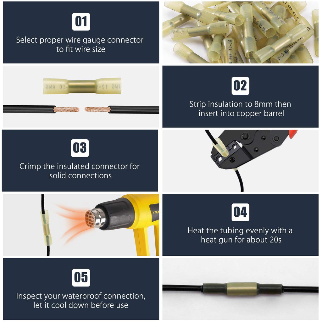 VAMRONE 250PCS Yellow Heat Shrink Butt Wire Connectors 12-10 AWG, Insulated Waterproof Electrical Wire Connectors Automotive Marine Grade Wire Crimp Terminals Butt Splices, Ideal for Boat, Truck,