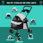 sxvbdway 4 Wheels Pet Stroller for Medium Small Dog up to 50lbs, Dog Cat Stroller, Outdoor Travel Pet Folding Strollers, Cat Cage Strollers with Cup Holder, Breathable and Visible Mesh (1 Set-Grey)