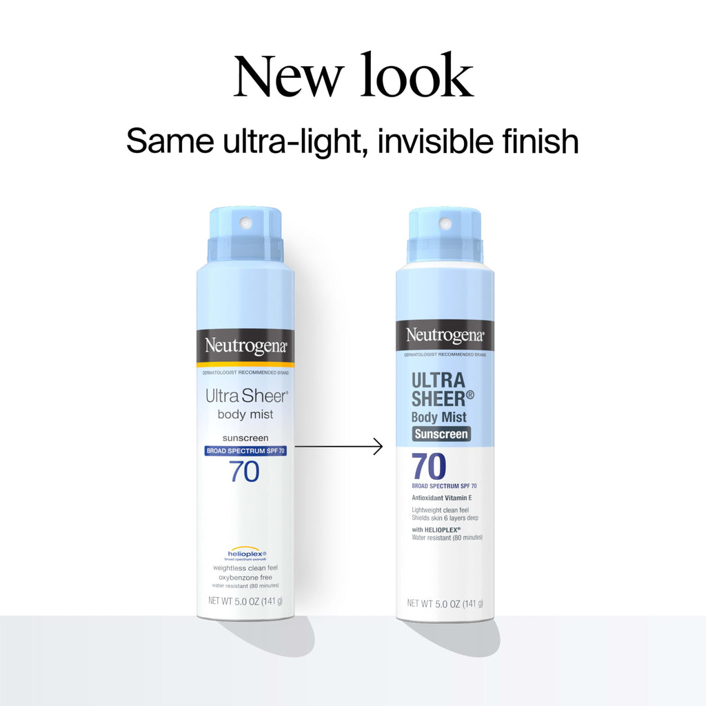 Neutrogena Ultra Sheer Body Mist Sunscreen Spray, Broad Spectrum SPF 70, Lightweight Spray Sunscreen, Non-Greasy & Water Resistant, Oil-Free & Non-Comedogenic UVA/UVB, 5 oz, Pack of 3