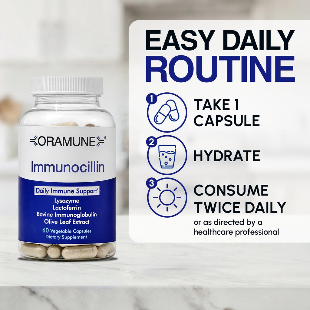 Oramune ImmunoCillin Immune Support Supplement with Lactoferrin, Lysozyme, Bovine Immunoglobulin & Olive Leaf Extract – Supports Immune Defense, Strengthens Cellular Function for Adults – 60 Capsules