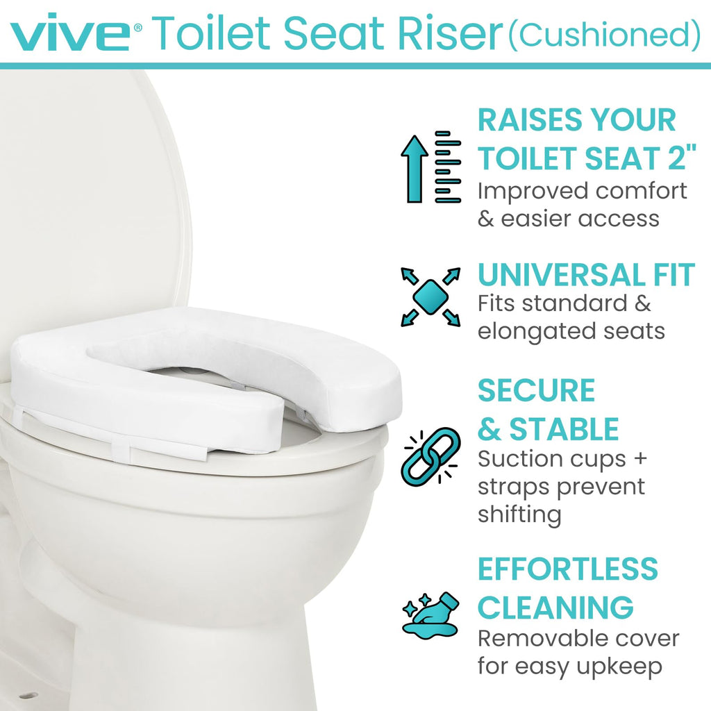 Vive Toilet Seat Riser Cushion for Seniors - Universal Fit - Raised Toilet Seat with High-Density Foam for Elongated & Standard - Firm Handle, Cushioned & Padded - Elevated Medical Handicap Lifter