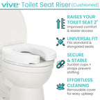 Vive Toilet Seat Riser Cushion for Seniors - Universal Fit - Raised Toilet Seat with High-Density Foam for Elongated & Standard - Firm Handle, Cushioned & Padded - Elevated Medical Handicap Lifter