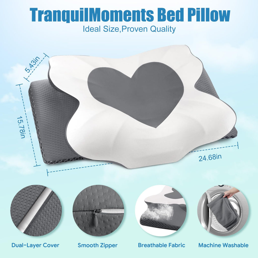 TranquilMoments Cervical Neck Pillow for Sleeping, Memory Foam Pillow for Neck Support, Ergonomic Pillow for Pain Relief, Contour Bed Pillow for Side Back Stomach Sleepers, Grey, Queen Size