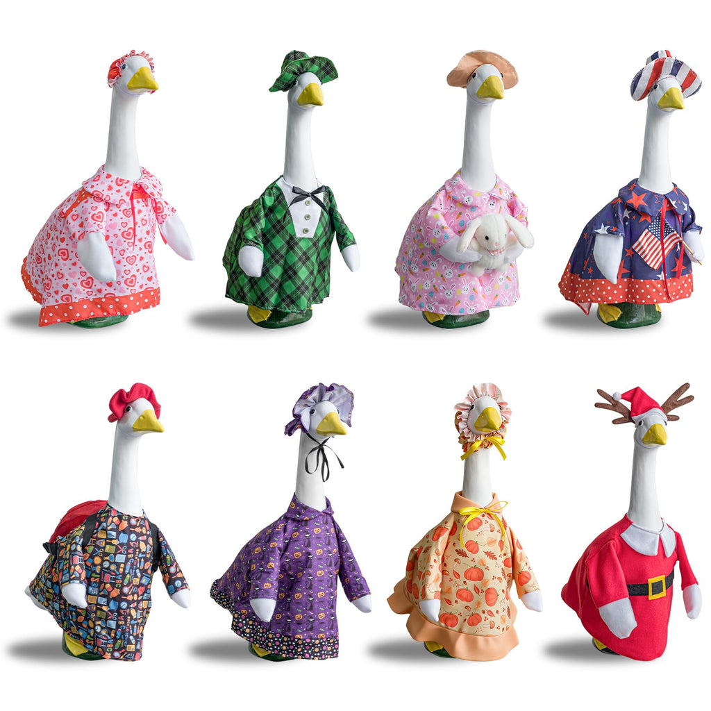 8 Set Holiday Porch Goose Outfits, All Seasons Bundle for Valentine St. Patrick Easter Summer 4th of July Fall Halloween Christmas - 23" Porch Goose Statue Patio Yard Decor