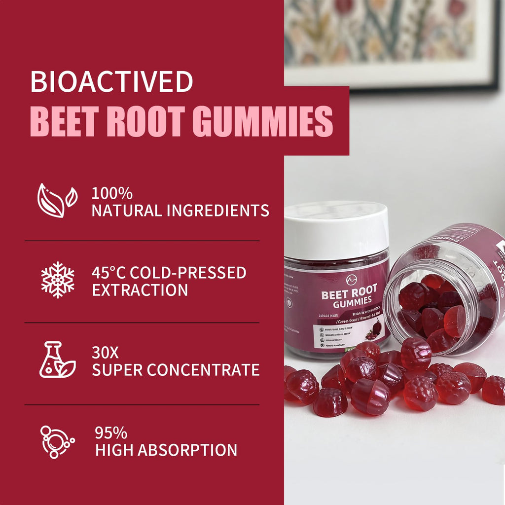 M inch Beet Root Gummies, Blood* Pressure Support & Nitric Oxide Booster, 8-in-1 Wellness Formula with Grape Seed, Coq10, Folic Acid, Vitamin C, B3 & B12, Sugar Free, Vegan, Pomegranate Flavor, 2 Pack