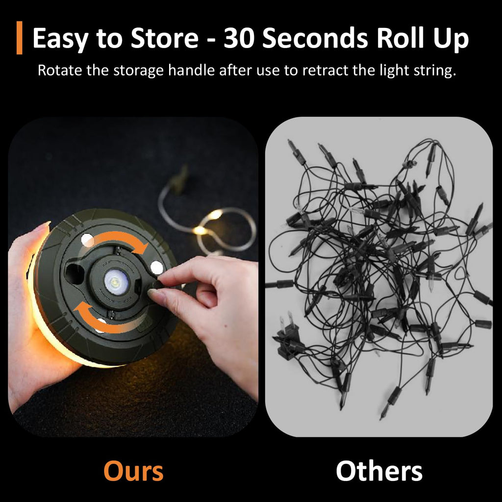 MDCMLKS Camping String Lights, 4 in 1 Portable Camping Light Rechargeable, 8 Lighting Modes, USB Charging, Quick Storage, 32.8FT Waterproof Tent Lights String for Camping, Hiking, Yard, Christmas