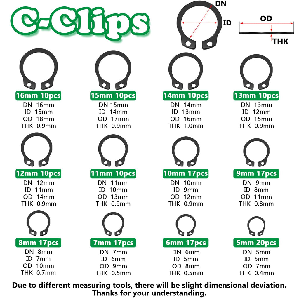 Aienxn 330PCS Snap Rings Kit, E Clips Kit (2-12MM) and C Clips Kit (5-16MM)