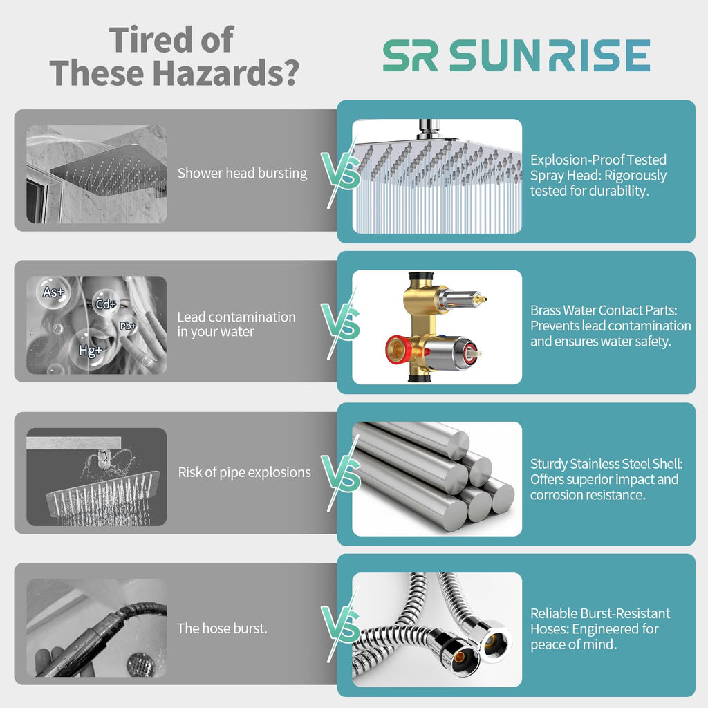 SR SUN RISE Polished Chrome Square Rainfall Shower Head and Handle Set, Wall Mounted Shower Fixtures, Metal Shower Faucet Trim Repair Kits (With Shower Valve)