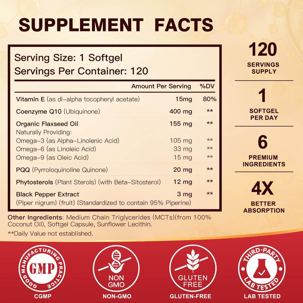 CoQ10 400mg SoftGels COQ10 - CQ10 Coenzyme Q10 Supplement, Plus PQQ, Omega 3, and Vitamin E, for Heart and Cellular Energy, 120 Servings