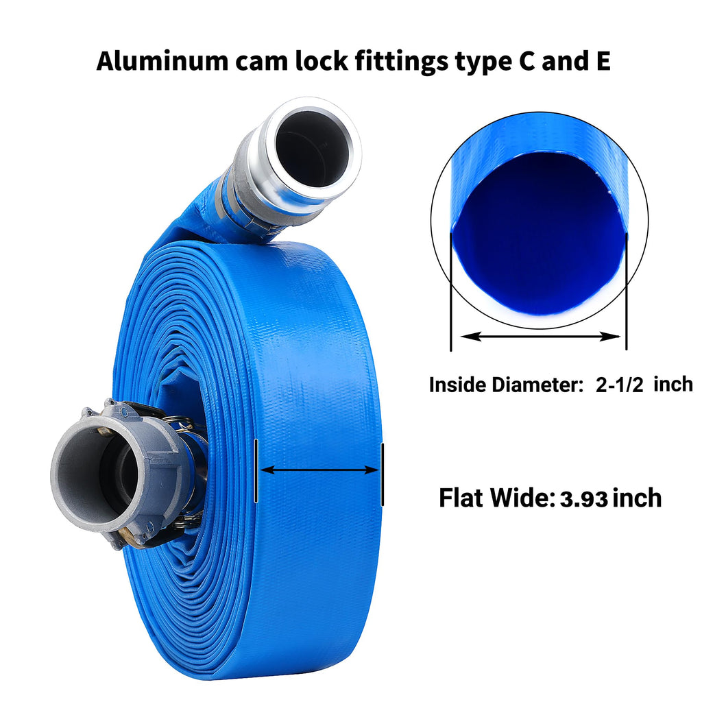 2-1/2" x 50ft PVC Lay Flat Discharge Hose With Aluminum Camlock C & E Fittings, Cam Lock Fitting Type F included, Heavy Duty Reinforced Pump Backwash Hose Assembly