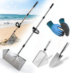 Sand Flea Rake，Detachable Long Handle Sand Sifter with Stainless Steel Sand Scoop Shark Tooth Sifter and Beach gloves with 16-Inch-Wide Drainage Mesh for Finding Fleas,Shells Shark Teeth,Yard Cleaning