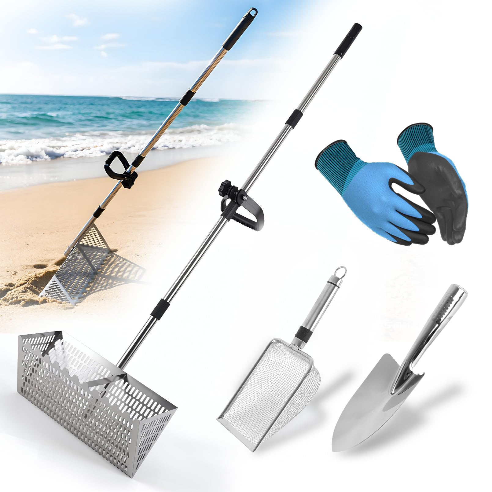 Sand Flea Rake，Detachable Long Handle Sand Sifter with Stainless Steel Sand Scoop Shark Tooth Sifter and Beach gloves with 16-Inch-Wide Drainage Mesh for Finding Fleas,Shells Shark Teeth,Yard Cleaning
