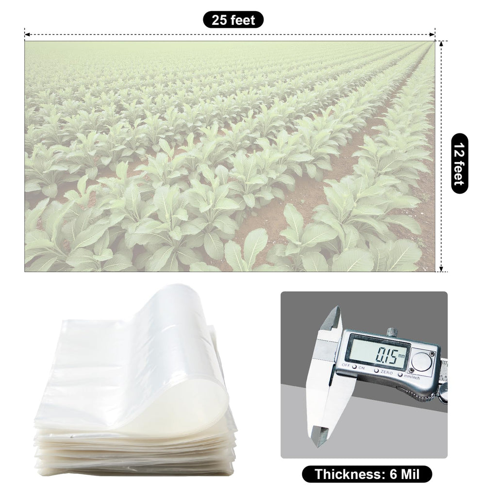 Greenhouse Plastic Sheeting 12 x 25ft - 6 Mil Clear Polyethylene Film, UV Resistant & Anti-Drip Heavy Duty Plastic Cover - Multi-Purpose Clear Tarp for Garden, Agriculture, and Construction (5-Layer)