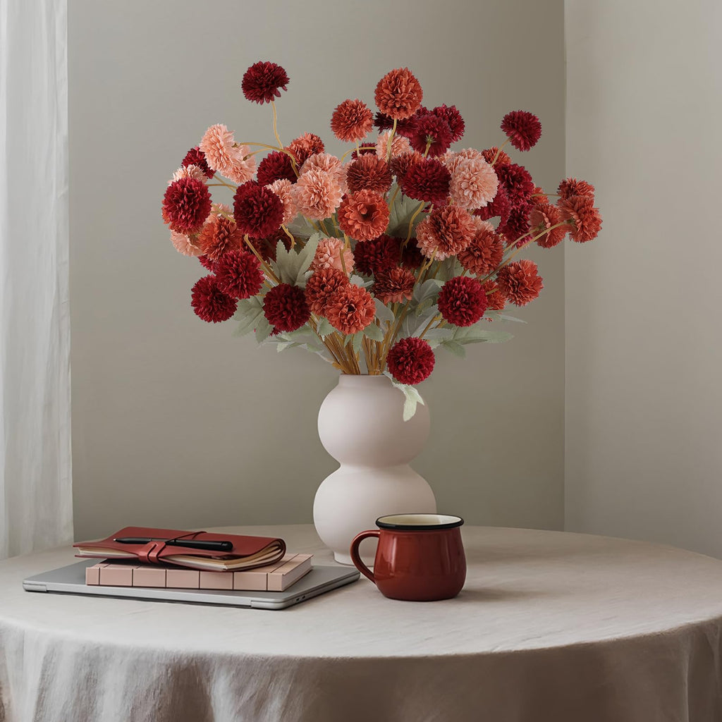 Hananona 12 Pcs Artificial Chrysanthemum Flowers, Orange Kiku Pom Pom Mums Flower Faux Fall Floral for Autumn Halloween Kitchen Table Centerpiece Home Decor (12, Burgundy, Burnt Orange, Deep Peach)