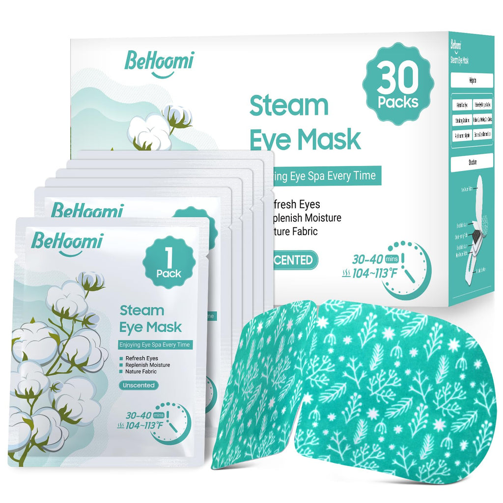 BeHoomi 30Packs Steam Eye Mask, Heated Eye Mask Warm Compress for Eyes, Self Heating Disposable Steam Mask for Home Sleep, Spa, Travel Essentials & Relaxation Gifts, Stocking Stuffers (Unscented)