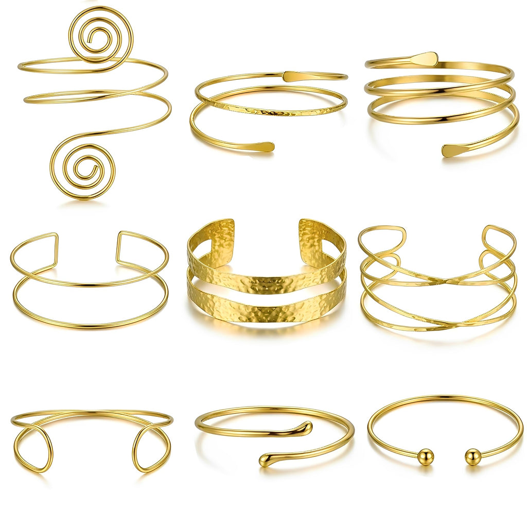 17KM 9PCS Gold Arm Cuff Bracelets for Women, Boho Statement Gold Upper Arm Bangle Band Armlet, Open Adjustable Cuff Bracelet set Stackable Jewelry