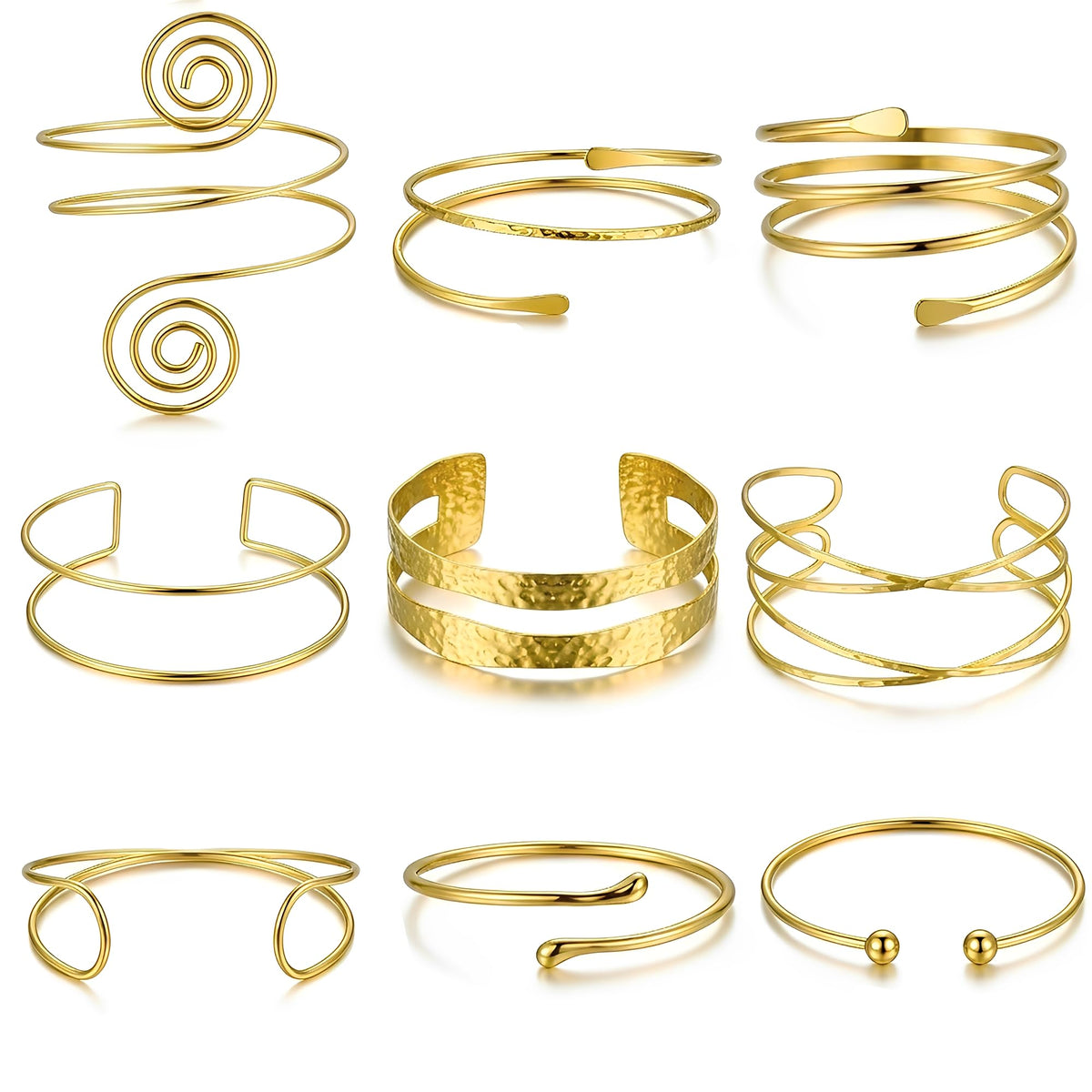 17KM 9PCS Gold Arm Cuff Bracelets for Women, Boho Statement Gold Upper Arm Bangle Band Armlet, Open Adjustable Cuff Bracelet set Stackable Jewelry