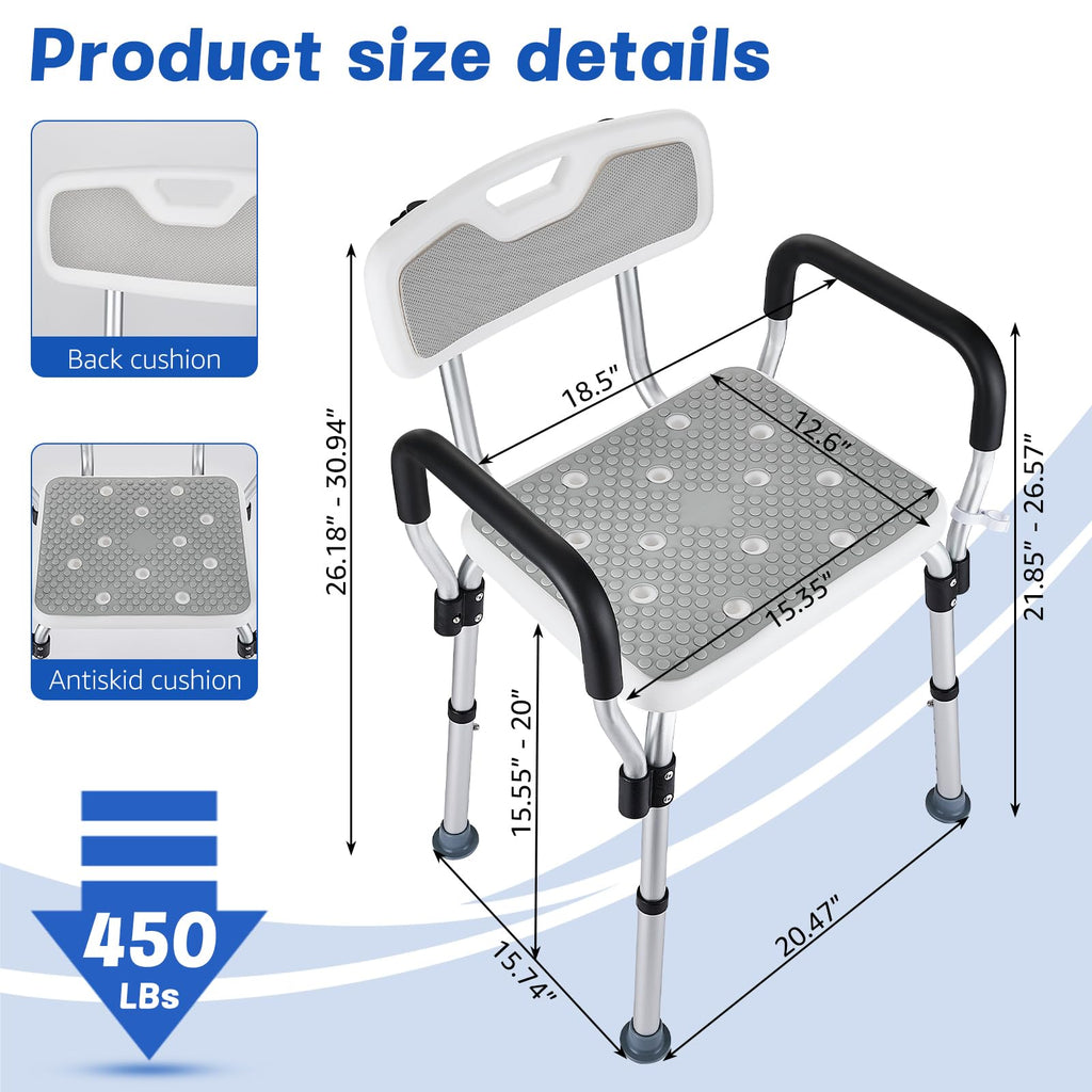 Shower Chair for Elderly and Disabled Inside Shower, Shower Seat for Inside Tub 450 LB Heavy Duty, Shower Chair with Arms and Back,Padded Handicap Bath Chairs for Seniors for Shower Stal
