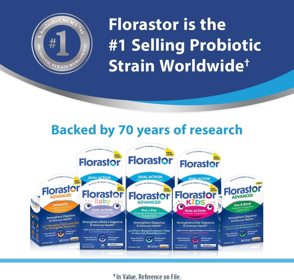 Florastor Advanced Gas and Bloat Probiotic, Digestive Enzymes and Botanicals, Plus Probiotics for Digestive Health, 30 Capsules