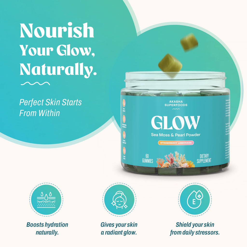 Akasha Superfoods Sea Moss Glow Gummies, Hair, Skin & Nails Vitamins with Seamoss, Pearl Powder, Vitamin E, Aloe Vera, Liposomal Vitamin C, and Irish Sea Moss, Gummies for Women & Men, 60 Count