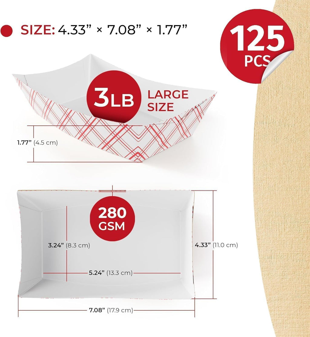 SPARGOS 3lb Paper Food Boats (125 Pack) – Red and White Checkered Nacho Trays for Parties – Disposable Hot Dog Boats & French Fry Holders – Grease Resistant Paper Food Trays for Movie Night & Picnics