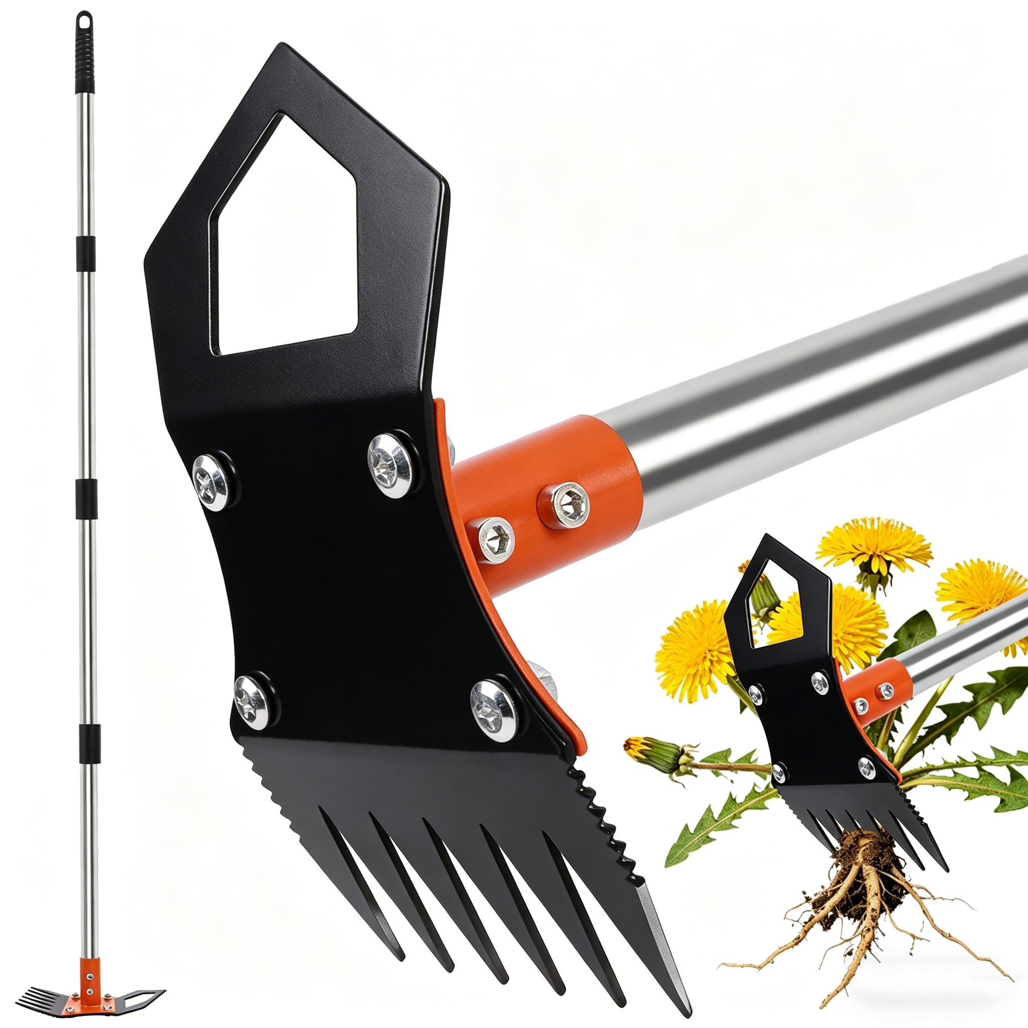 HRADHOL Weed Puller Tool with Long Handle, 60" Manual Weed Remover Tool, 2-in-1 Weeder Rake and Hoe Garden Tool, Uprooting Weeding Tool for Yard, Lawn, Patio, Garden
