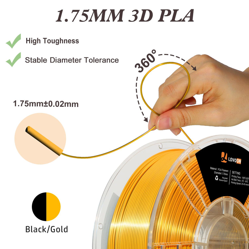 LOVOON Silk Dual-Color PLA Filament with Black and Gold,1.75mm PLA Filament DualColor Change by Angle,Compatible with Most FDM 3D Printers,1kg(2.2lbs)/Spool