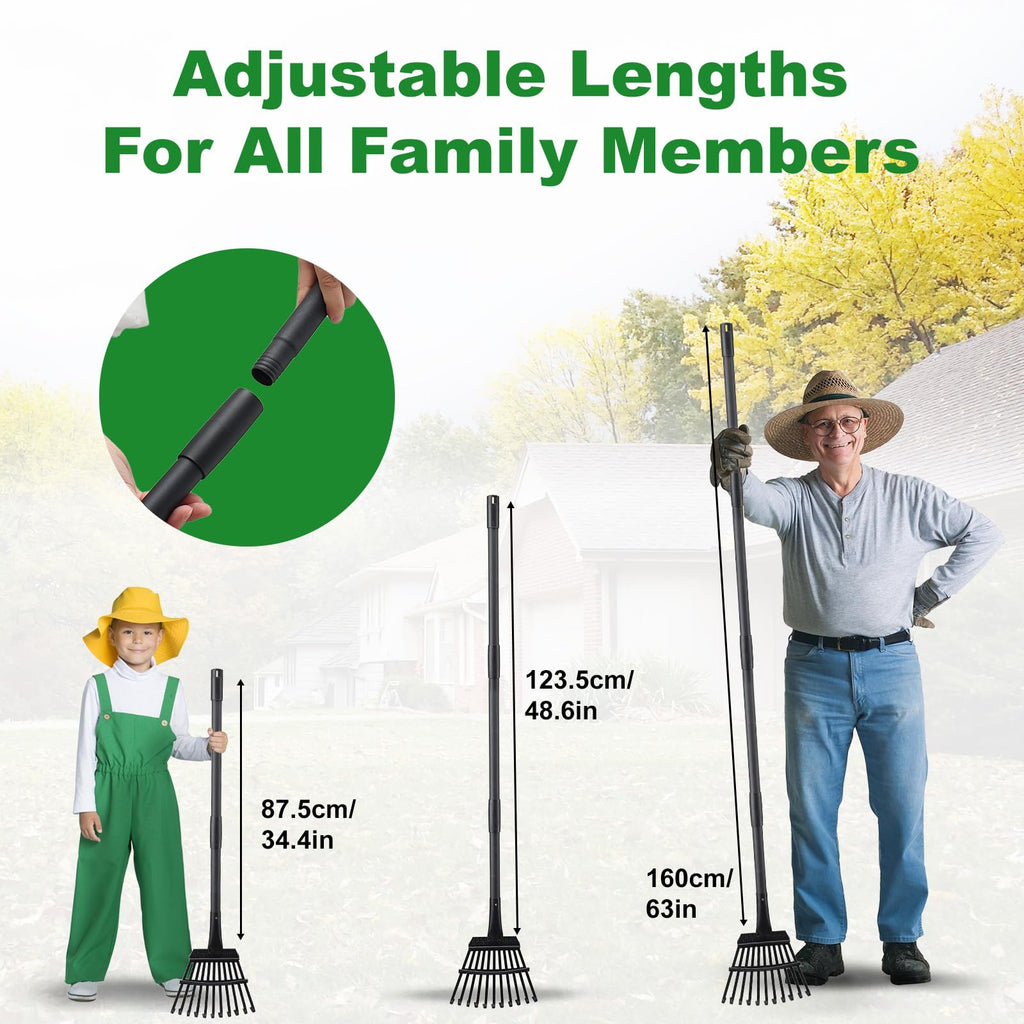Rake for Leaves Small Metal Garden Tool with 11 Tines 63 Inch Adjustable Handle Sturdy Yard Rake for Gardening Gathering Leaves Weeds Debris, Black