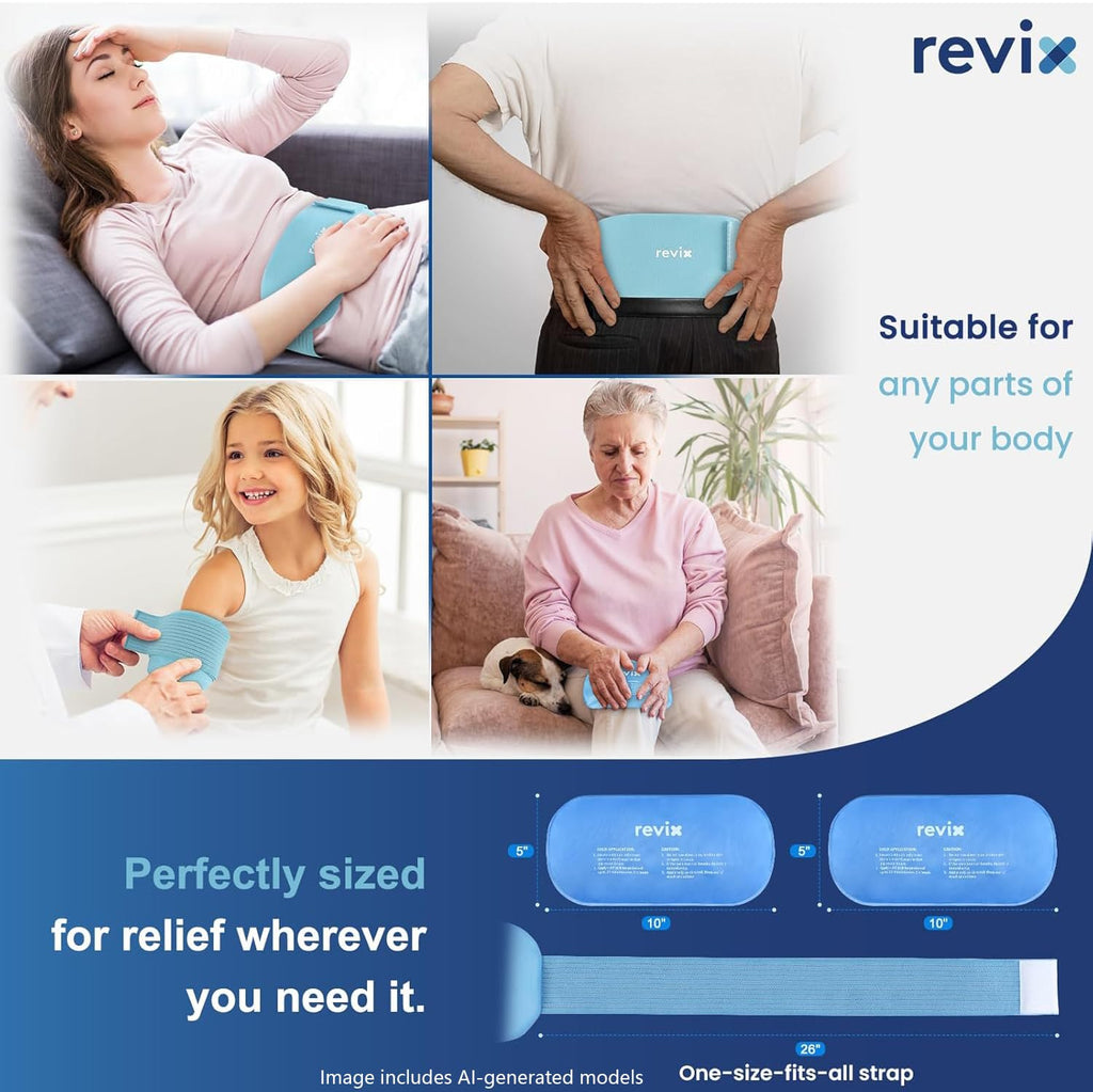 REVIX Gel Ice Packs Reusable 14" x 7" – 2 Packs Flexible Cold Compress with Strap for Back, Shoulder, Hip, Thigh – Extra Large Ice Pack for Everyday Recovery & Cooling Relief