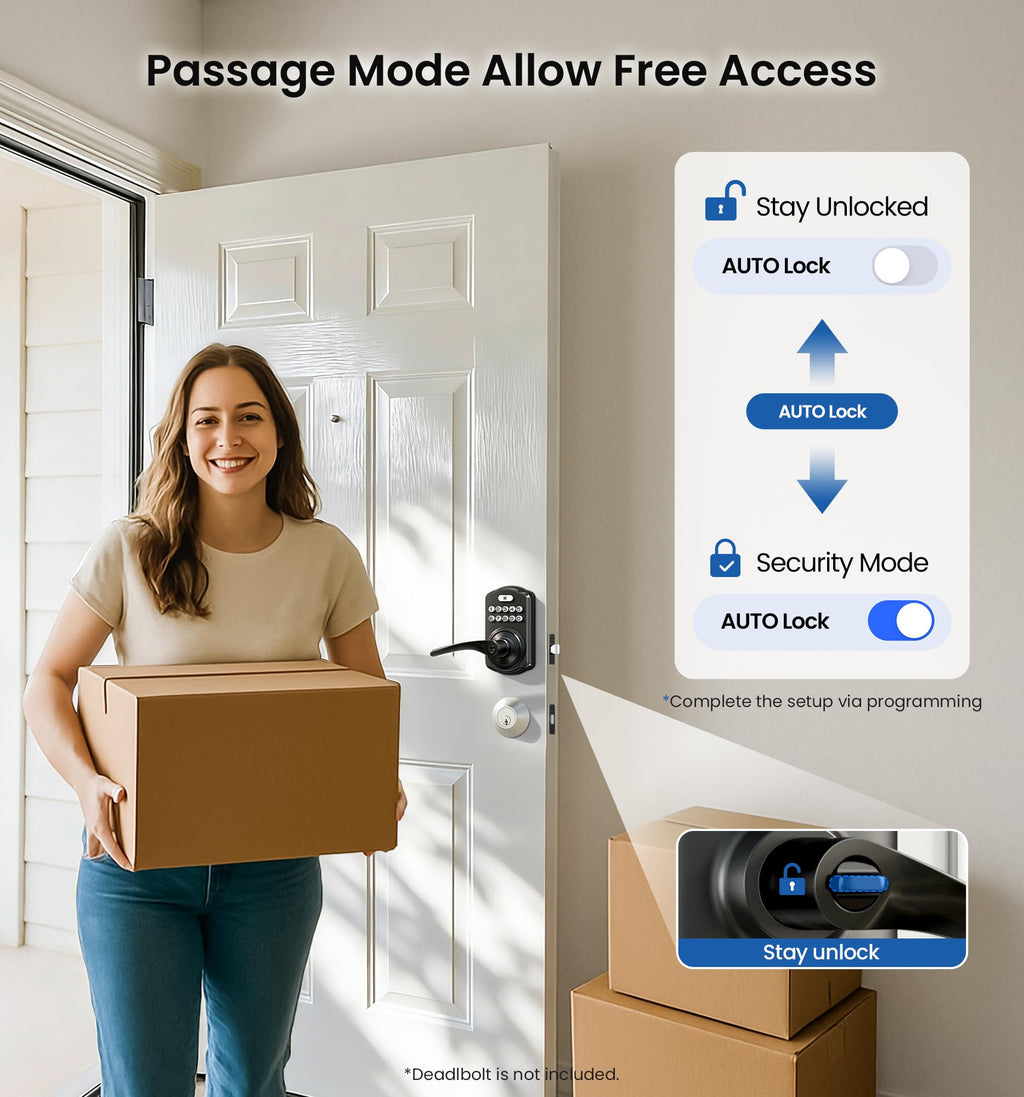 Veise Keypad Door Lock with Handle, Keyless Entry for Front Door & Bedroom, Electronic Lock with Code, Auto-Locking, Easy Installation, Passage Mode, Matte Black