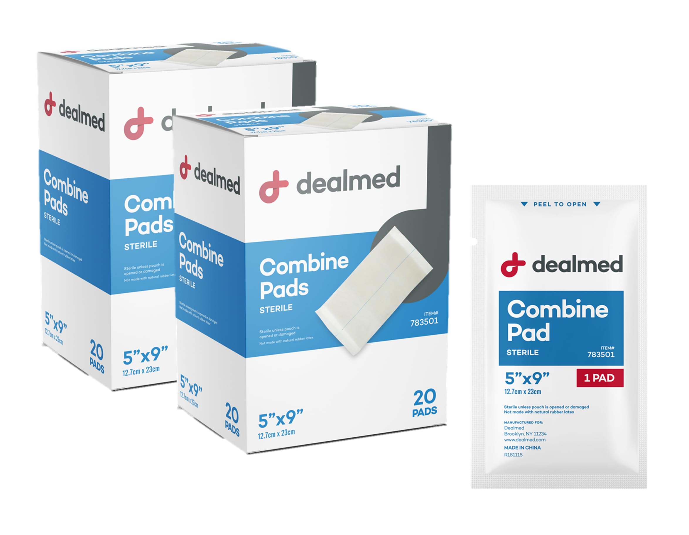 Dealmed Abdominal Combine Pads 5"x9" (40-Pack) Sterile Individually Wrapped, ABD Pads, Absorbent, Non Adherent for Wound Care, Drainage, First Aid, 20/Box (2 Pack)