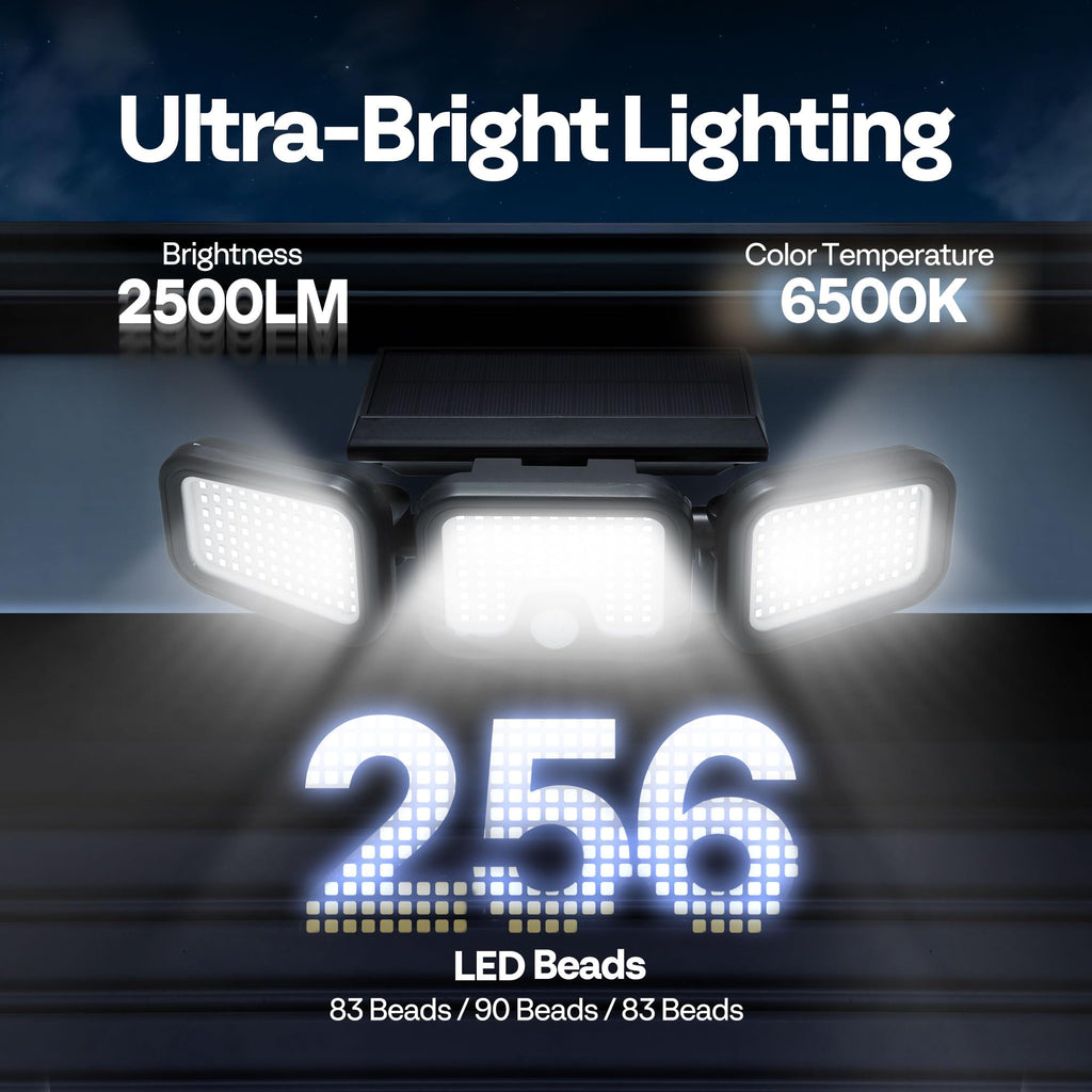 VIVOHOME Solar Flood Lights Outdoor, 256 LED 2500LM Motion Sensor Lights, 3 Adjustable Heads Security Lights, IP65 Waterproof, 270° Wide Lighting Angle Solar Powered Lights for Porch, Yard