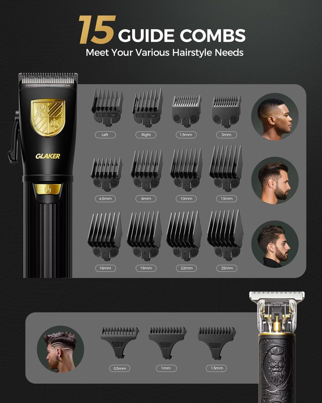 GLAKER Hair Clippers for Men,Professional Mens Hair Clippers Cordless Clippers for Hair Cutting,Precision Trimmer Kit Zero Gap Trimmer with LED Display 15 Guide Combs (Black+Gold)
