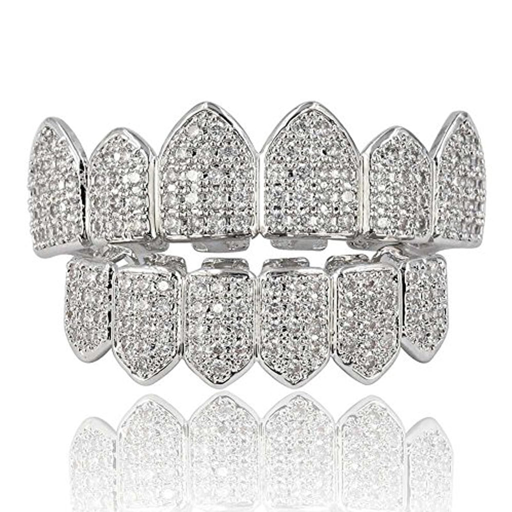 JINAO Grillz Diamond Grills for Your Teeth for Men Women 18K Gold Plated Iced Out Macro Pave Cubic Zirconia Mouth Grill with Extra Molding Bars Included(Silver Set)
