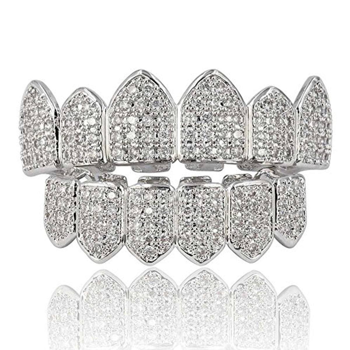 JINAO Grillz Diamond Grills for Your Teeth for Men Women 18K Gold Plated Iced Out Macro Pave Cubic Zirconia Mouth Grill with Extra Molding Bars Included(Silver Set)