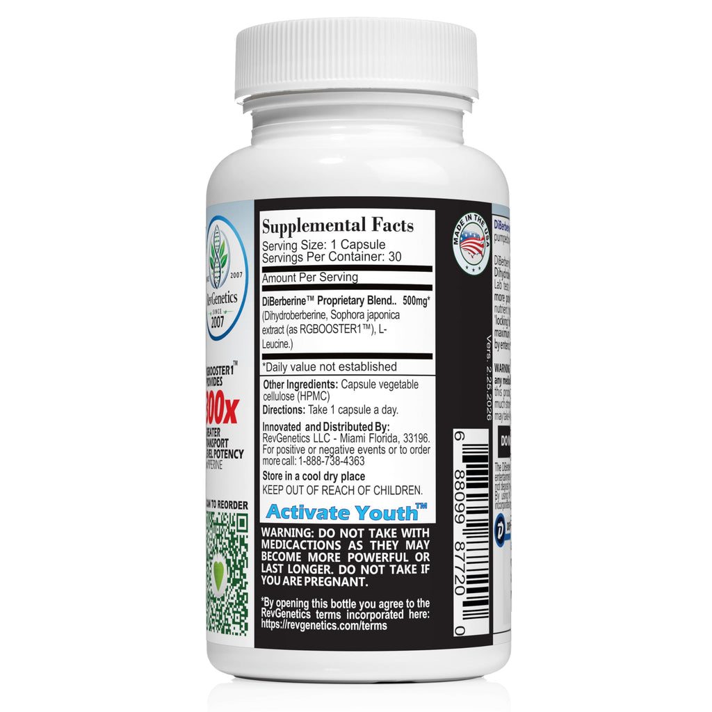 REVGENETICS Berberine Supplement 500mg, Dihydroberberine DHB Enteric Coated Capsules, Healthy Metabolism & AMPK Support, 6.7X Absorption, 1 Daily, Made in USA, 30 Ct, DiBerberine 300x
